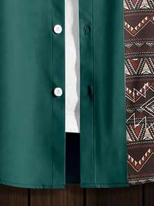 Manfinity Homme Men's Geometric Pattern Short Sleeve Button-Up Casual Shirt - Dark Green - View 5