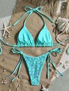 Costavie Swim Mod-D 两件套彩色亮片特殊面料三角罩杯文胸和侧系带泳裤性感比基尼套装，春夏款绿松石色比基尼，蓝绿色比基尼，闪光比基尼，蓝绿色系带比基尼套装，亮片比基尼，假日绿松石色亮片比基尼，蓝绿色亮片比基尼，女士比基尼套装，女士泳衣，全包覆式女士泳装套装，女士泳衣，女士两件套 - 薄荷藍 - 查看 2