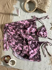 Swim Mod 3件套女士夏季随机印花吊带沙滩裙，复古度假比基尼套装，度假邮轮旅行沙滩比基尼套装，含罩衫，2件套泳衣，塑形泳装，含罩衫的沙滩套装，女士泳装套装，含罩衫的沙滩罩衫套装，夏季新款沙滩装 - 彩色 - 查看 2