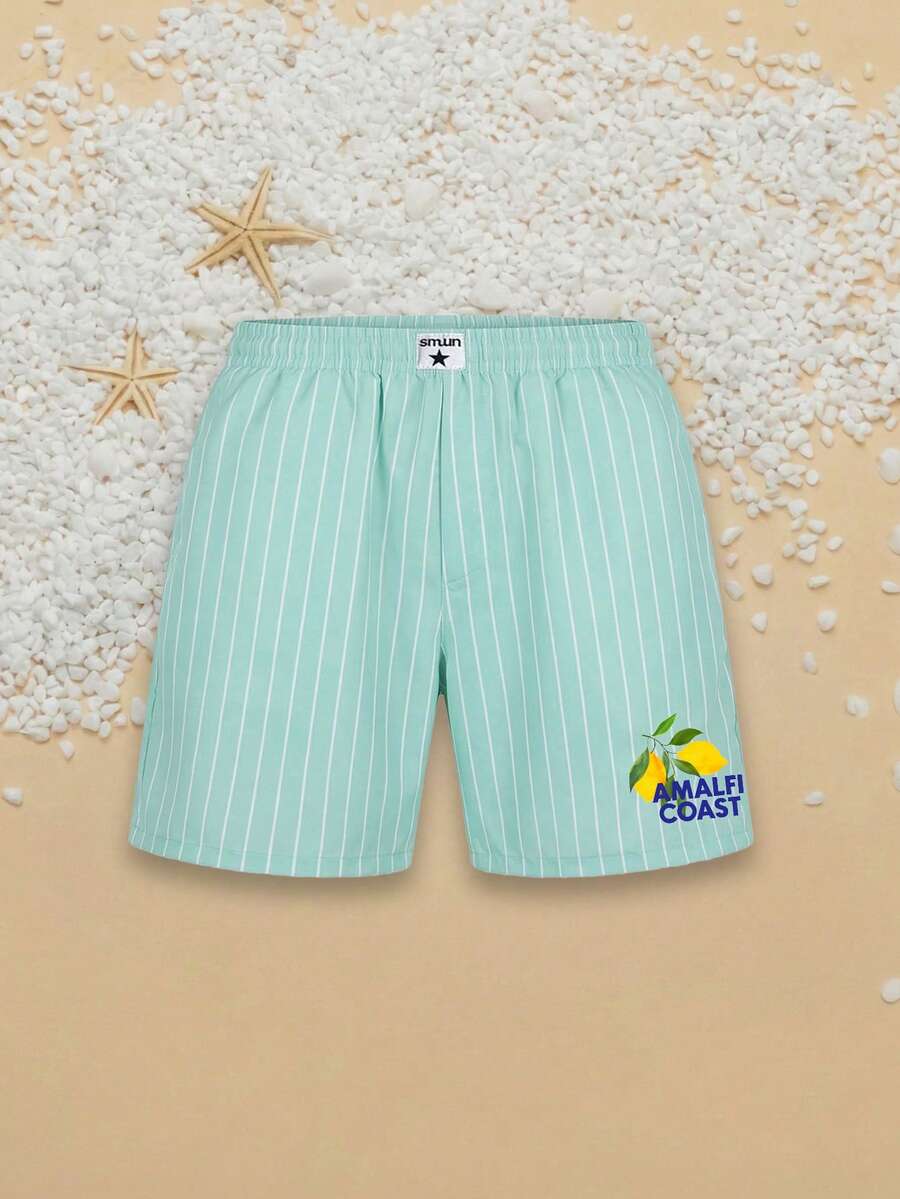 SUMWON Quần bơi nam màu bạc hà kẻ sọc với họa tiết chanh vùng biển Amalfi, thích hợp cho kỳ nghỉ hè ở bãi biển. - màu xanh lá - Xem 1