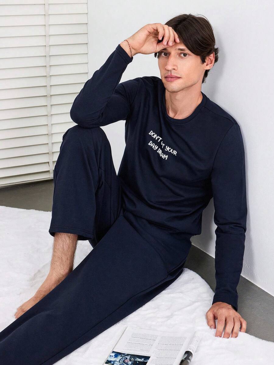 EURMUSE Conjunto de pijama de hombre 100% algodón con gráfico de eslogan - Azul Marino - Ver 1