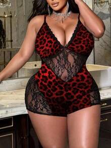 SHEIN CURVE+ Plus Size Sexy Lace Leopard Print Camisole Jumpsuit For Summer - Red - View 4