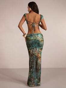SHEIN BAE Women's Minimalist Print Cropped Waist Dress - Green - View 2