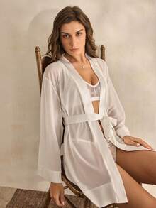Charlaine Elegant Sexy Romantic Delicate Semi-Sheer Faux Silk Women Robe - White - View 5