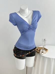 Elamini Women's T-Shirt With Deep V-Neck, Ruched Detailing, And Knit Polka Dot Pattern Blue - Blue - View 4