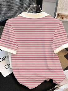 Resyla Plus Size Women's Casual Pink Striped Short Sleeve T-Shirt - Multicolor - View 2