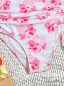 SHEIN 少女碎花连体泳衣及罩衫两件套 - 玫紅色 - 查看 4
