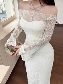 Feyla 女士时尚优雅露肩喇叭袖连衣裙 - 杏色 - 查看 4