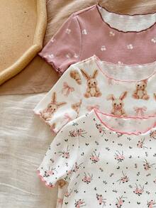 SHEIN 6pcs/Set Baby Girl Cute Short Sleeve Top And Pants Homewear Set - Multicolor - View 4