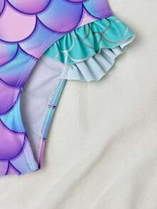 SHEIN Young Girls Halter Cap Sleeve Ruffle Hem Summer Bikini Swimsuit - Purple - View 9