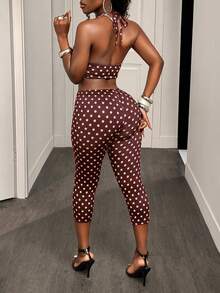 BamGleam 女士波点印花褶皱露背短款上衣和七分裤两件套 - 棕色 - 查看 2