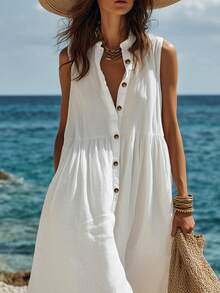 Breezaya 女士休闲白色立领半开襟纽扣无袖连衣裙，适合海滩度假 - 白色 - 查看 3