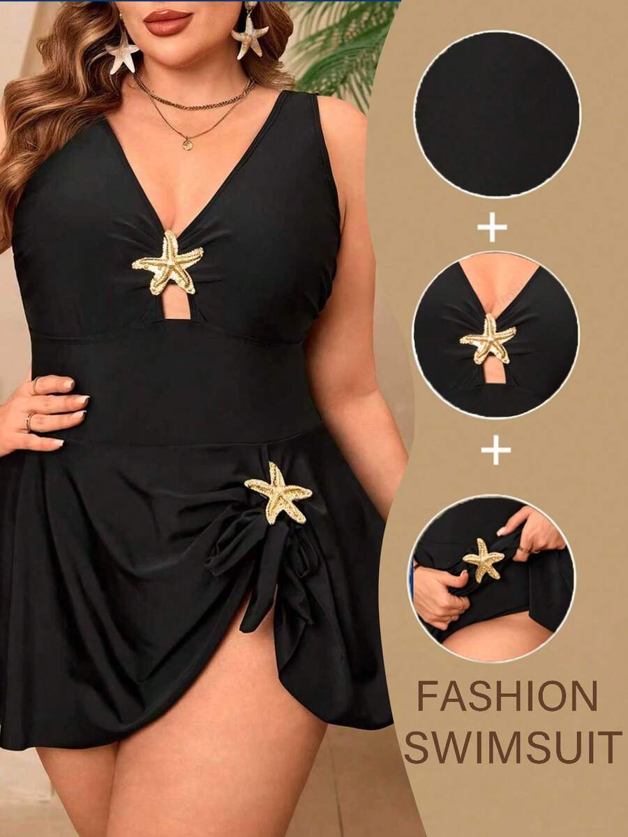 SHEIN Swim Lushore Plus Size Women 1Pc Black Metal Starfish Decor Sleeveless Low Neck One-Piece Swimsuit, Simple & Fashionable For Summer, Beach, Vacation - Black - View 1