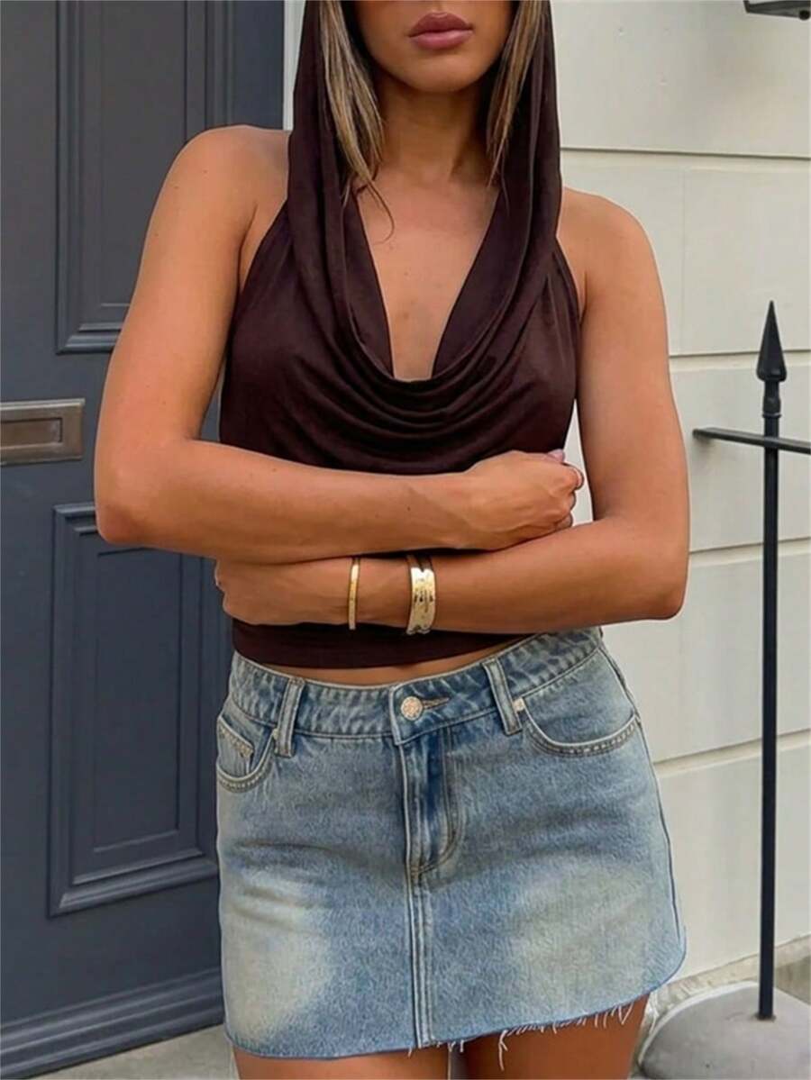 Aloruh 女士性感Y2K深V露背连帽短款上衣