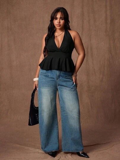 SHEIN CURVE+ Áo hai dây cổ yếm dáng suông, eo thắt, xếp ly, viền bèo nhún dành cho nữ cỡ lớn, thoải mái.