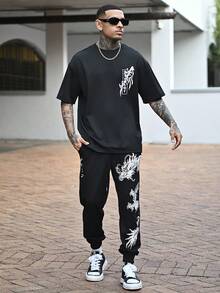 Devon Thys 男士休闲武士刀樱花图案印花轻薄宽松涤纶圆领T恤，黑色 - 黑色 - 查看 2