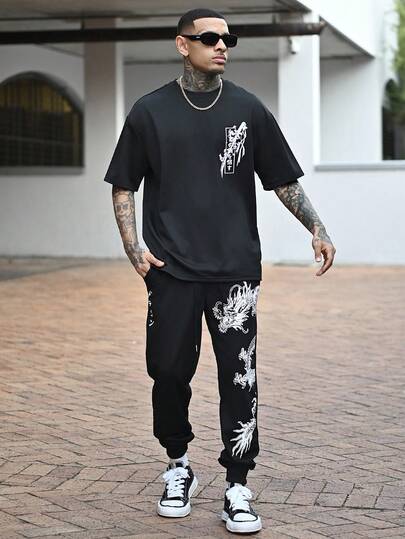 Devon Thys 男士休闲武士刀樱花图案印花轻薄宽松涤纶圆领T恤，黑色