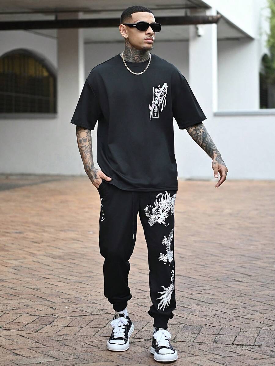 Devon Thys 男士休闲武士刀樱花图案印花轻薄宽松涤纶圆领T恤，黑色