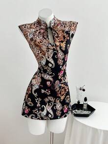 Elamini 女士连衣裙，优雅旗袍领，收腰设计，V领，数码印花 - 黑色 - 查看 4