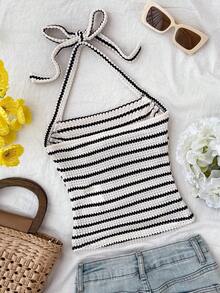 Tween Girls' Summer Knit Textured Striped Halter Neck Camisole - Black and White - View 2