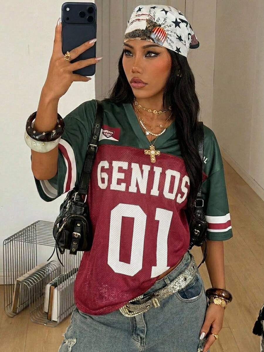 Coolane 女士春夏节日外出街头风复古透气网眼数字图案棒球衫红色球衣 - 彩色 - 查看 1