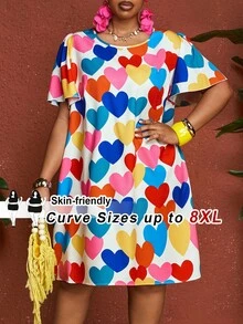 SHEIN CURVE+ Đầm nữ cỡ lớn in hình trái tim nhiều màu sắc, đầm họa tiết hoa, đầm hè thường ngày, đầm dành cho giáo viên, đầm đi biển, đầm dễ thương. - Nhiều màu - Xem 7