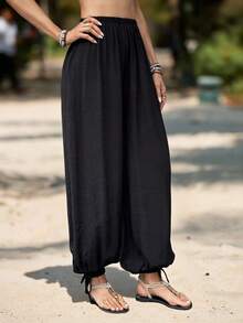 Swim Vcay Quần ống loe harem màu trơn dành cho nữ mùa hè, cạp chun, có nơ trang trí, quần ống rộng dáng suông thoải mái, quần phong cách boho cho nữ, quần rộng cho nữ, quần hè cho nữ, quần nữ thanh lịch, quần nữ lễ Phục Sinh, quần đen cho nữ, quần nữ thường ngày, quần nữ đi nghỉ mát, quần nữ phong cách đồng quê, quần nữ màu trơn, quần thể thao, quần ống loe, trang phục lễ hội, quần hè cho nữ. - màu đen - Xem 3
