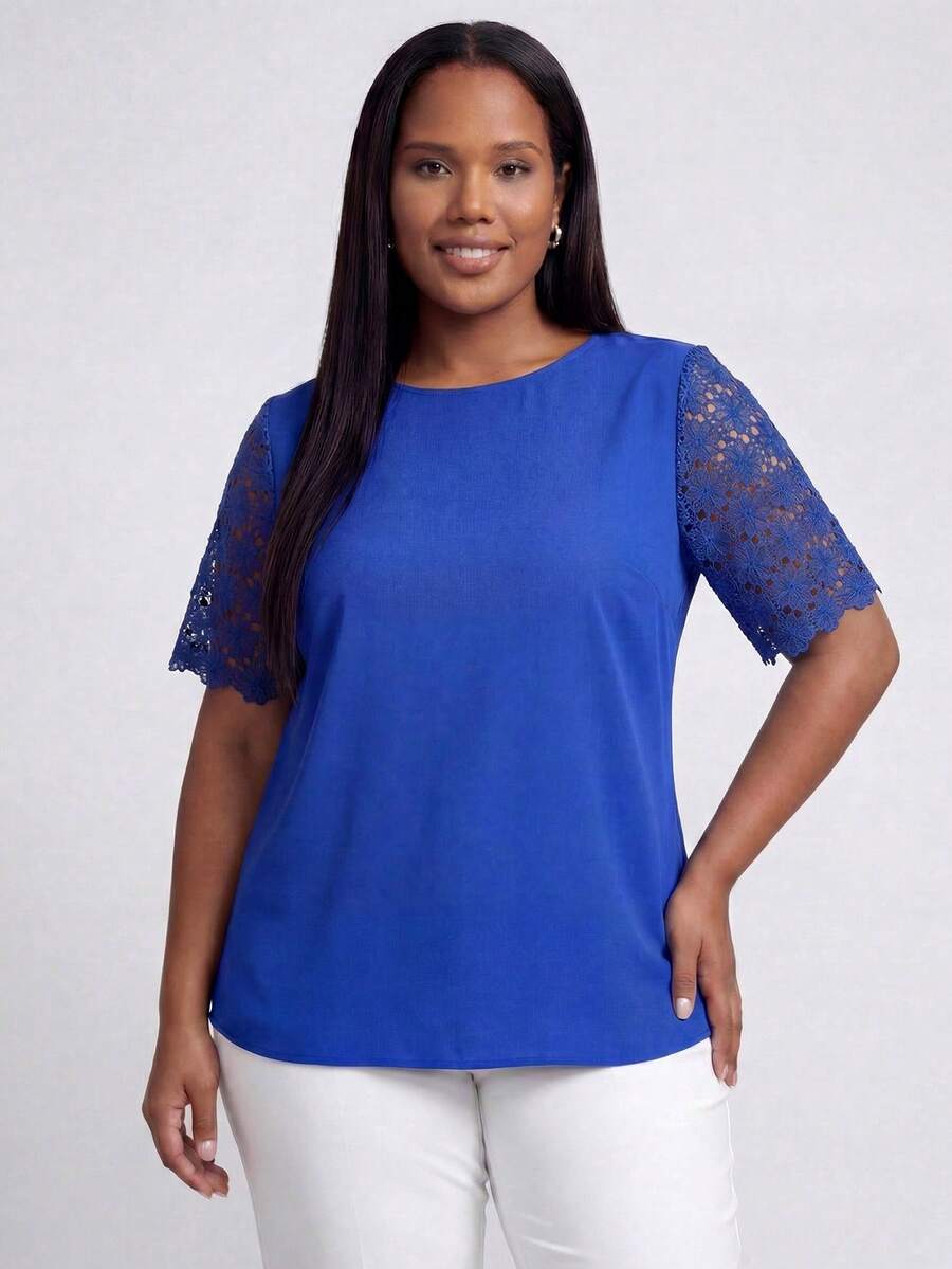 ELLERISSA Curve Lace Sleeve Round Neck A-Line Blouse For Women, Cobalt Blue Crochet Lace Elbow Sleeve Smock Top, Casual Work Wear, Office Wear, Plus Size Tops For Women, Elegant Lace Sleeve Blouse, Vacation Wear - Royal Blue - View 1