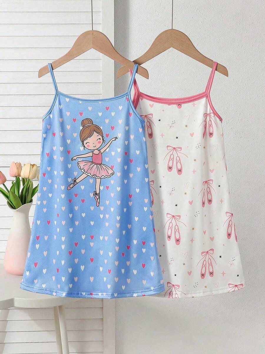 两件套女童家居服吊带无袖连衣裙，夏季蓝色、白色和粉色点缀，可爱芭蕾舞女爱心印花，休闲睡衣，轻盈柔软透气针织面料，舒适亲肤，时尚别致，现代潮流，高品质，百搭可爱舒适睡衣套装，适合日常室内休闲穿着 - 淺藍色 - 查看 1