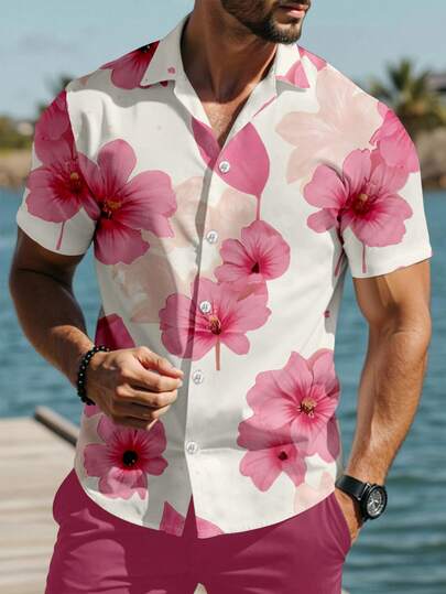 Manfinity RSRT Plus Size Front Button Floral Print Short Sleeve Collared Shirt, Summer
