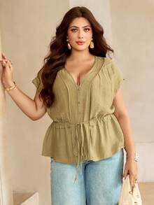 Roveilla Blusa de Manga Curta com Gola V, Abertura Frontal com Botões, Cintura com Cordão, Bainha Evasê, Estilo Vintage, Confortável, Cor Sólida, Mistura de Linho, Design Minimalista Elegante Francês de Luxo, Casual Boêmio, Adequada para Férias/Trabalho, Plus Size, Primavera/Verão - Verde Militar - Visão 6