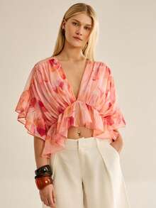 CielaLinda Áo kiểu nữ tay ngắn bằng vải chiffon in họa tiết, xếp nếp. - Nhiều màu - Xem 4