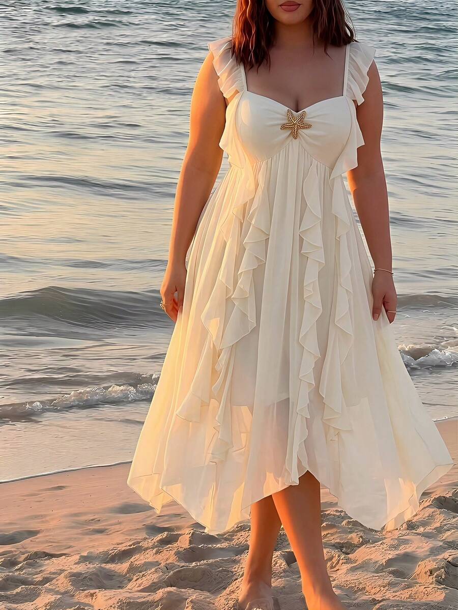 SHEIN MOD Plus Size Chiffon Starfish Metal Decor Ruffle Hem Maxi Dress - Apricot - View 1