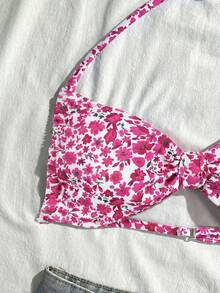 SHEIN Girls Floral Print Halter Bikini Set - Hot Pink - View 5