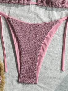 SHEIN Swim 两件套，亮片质感挂脖三角比基尼上衣和侧系带泳裤，性感女士泳装套装，适合春夏度假 - 粉色 - 查看 6