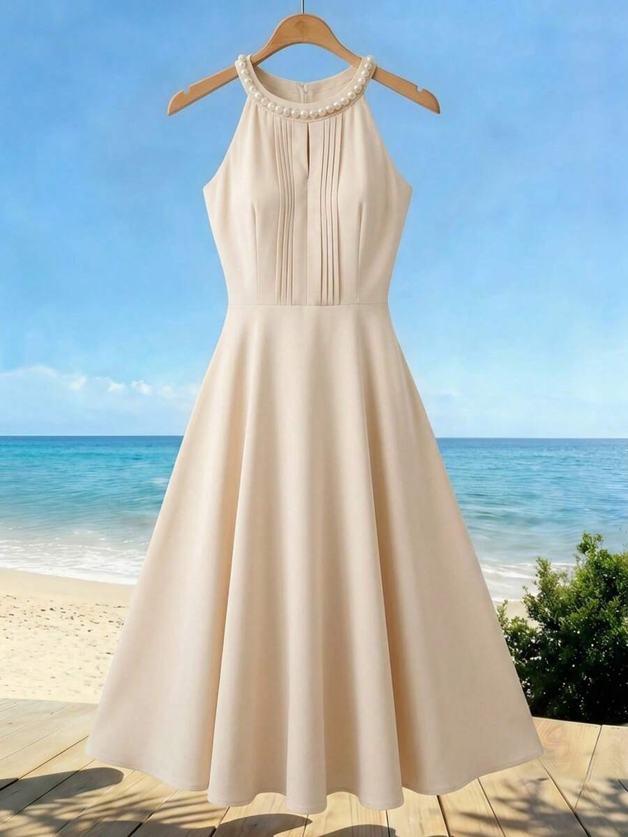 Franclia Đầm cổ yếm tối giản thanh lịch, phù hợp cho mặc hàng ngày, hẹn hò và đi làm. Đầm duyên dáng, đầm cổ yếm nhẹ nhàng, đầm nữ thời trang và quyến rũ, đầm đi nghỉ mát. - Màu be - Xem 1