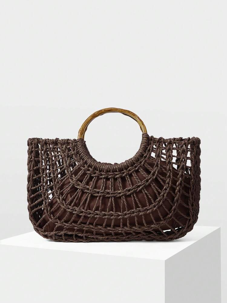 WOMEN'S FASHION HOLIDAY BROWN HOLLOW STRAW HANDBAG, LARGE-CAPACITY PORTABLE TOTE BAG, SUITABLE FOR VACATION TRAVEL, BEACH AND SEASIDE MATCHING