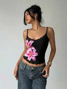 Aloruh Áo hai dây ren phối họa tiết Y2K gợi cảm dành cho nữ - trắng - Xem 10