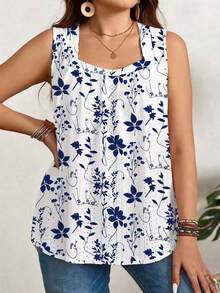 EMERY ROSE Blue & White Floral Hollow Plus Size Tank Top, Suitable For Summer - Multicolor - View 5
