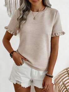 EMERY ROSE Plus Size Solid Color Minimalist Daily Wear Round Neck Short Sleeve T-Shirt - Apricot - View 6