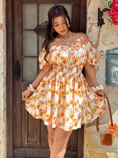 Vionelle Đầm ngắn cổ vuông họa tiết hoa nhí thắt eo dành cho nữ cỡ lớn, đầm hoa nhí tay phồng, đầm hoa nhí thắt eo, đầm hoa nhí, đầm hoa cỡ lớn mùa xuân