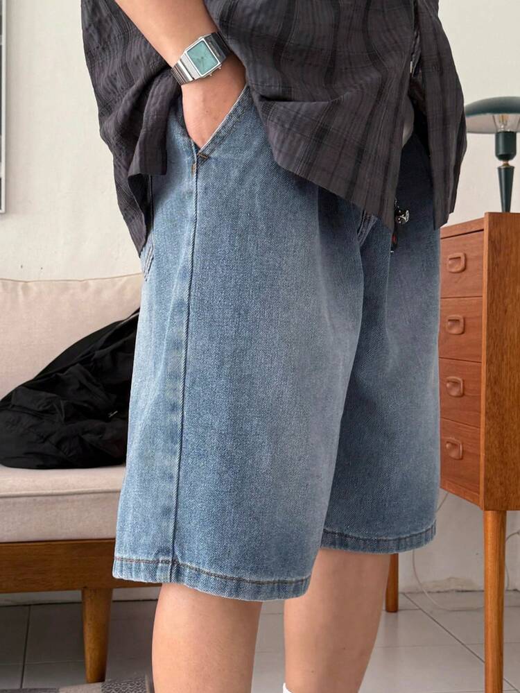 Blue Washed Distressed Elastic Waist Men's Denim Shorts