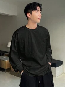 DAZY Men's Casual Solid Color Long Sleeve T-Shirt, Versatile For Autumn, Fall - Black - View 4