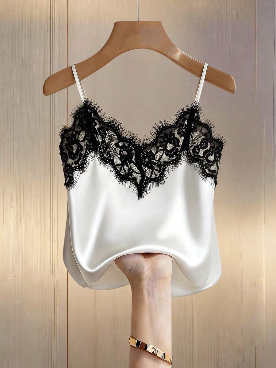 Airaco 性感修身蕾丝拼接缎面吊带背心，夏季海滩度假休闲旅行时尚女款 - 白色 - 查看 1
