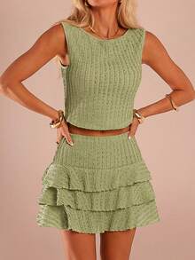 SHEIN Forever 21 Conjunto de 2 piezas de top de punto sin mangas liso y falda, moda minimalista para mujer - Verde - Ver 7