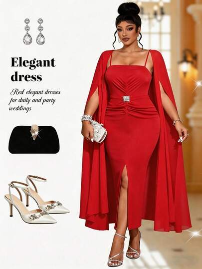 Maweii 大码女士优雅红色长款飘逸披肩领收腰前开衩无袖连衣裙，两件套，春夏款