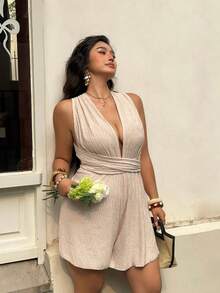 SHEIN Tall CURVE 夏季女士波西米亚风度假优雅吊带针织V领露背连体裙派对装 - 米色 - 查看 4