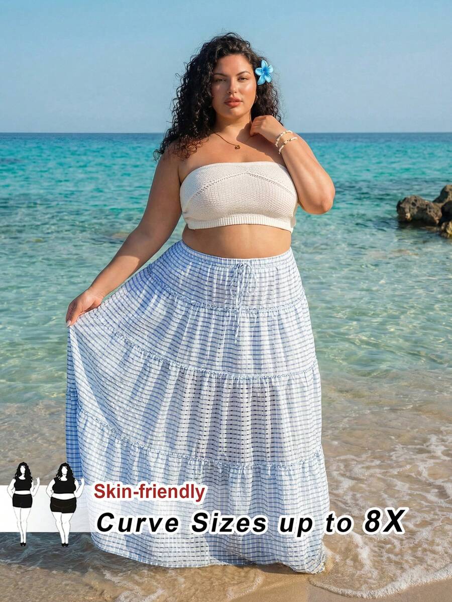SHEIN CURVE+ Chân váy chữ A xếp ly, thắt eo, dáng suông, họa tiết sọc dành cho nữ cỡ lớn. - Xanh và trắng - Xem 1