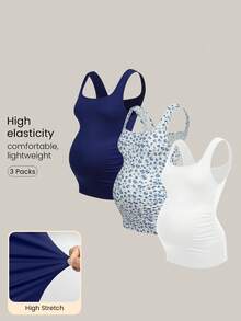 Modmama 3pcs Maternity Summer Casual Vacation & Commute Solid Color & Ditsy Floral Square Neck Fitted Camisole - Multicolor - View 1