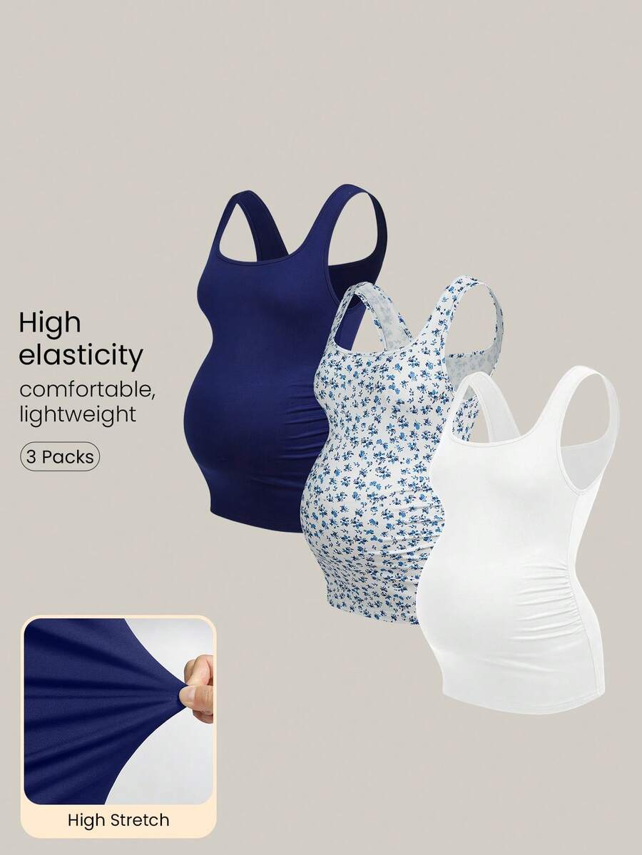 Modmama 3pcs Maternity Summer Casual Vacation & Commute Solid Color & Ditsy Floral Square Neck Fitted Camisole - Multicolor - View 1